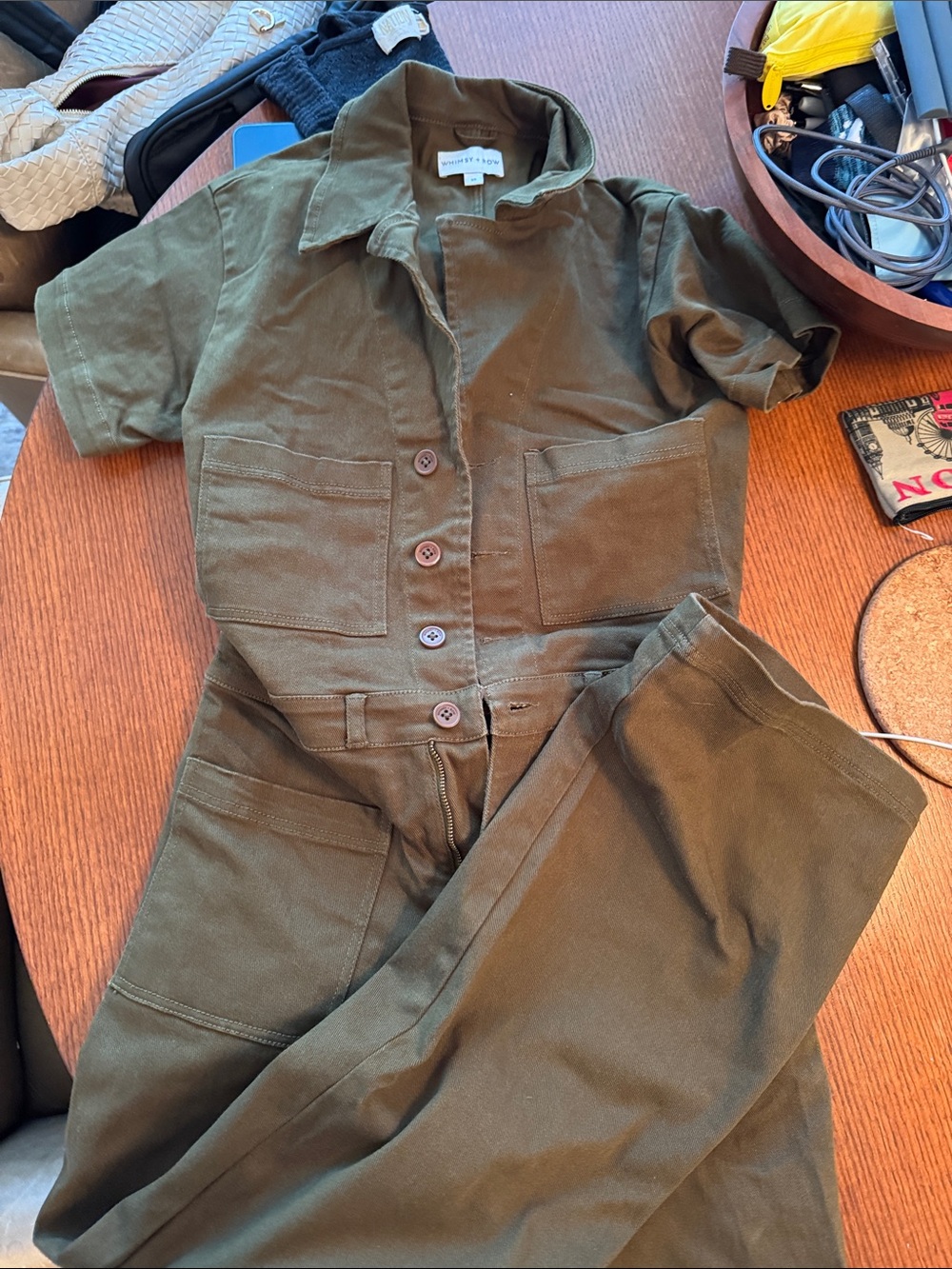 Whimsy and row Utility Short-Sleeve Jumpsuit in Olive Green
